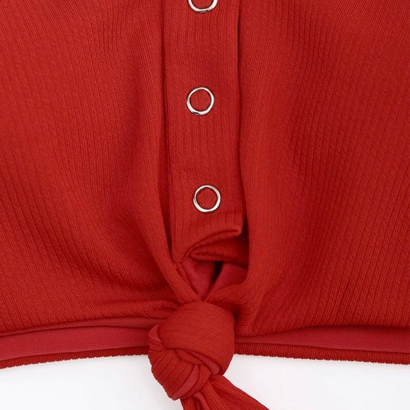 Red Ribbed Buttoned Front Tie Knot Bikini Set - Picture 4 of 6